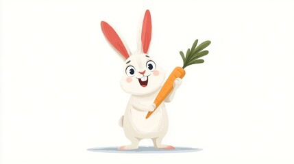 A cheerful cartoon arctic rabbit stands on a light blue circular platform,