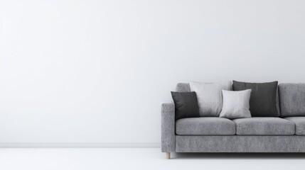A modern gray fabric sofa with wooden legs and throw pillows in gray, black, and off-white,