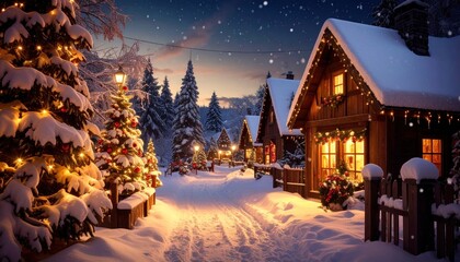 Snowy Christmas Village at Night