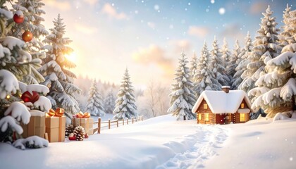 Snowy winter wonderland scene with cozy cabin at sunrise