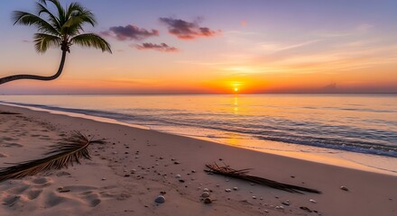 Serene tropical sunset over a pristine beach, with a lone palm tree leaning gracefully towards the tranquil ocean.