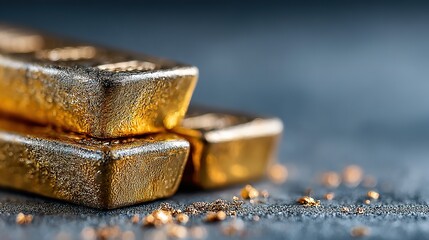 Stack of gold bars with small gold pieces on a dark surface.