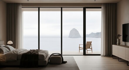 Fototapeta premium Coastal Modern Bedroom with Panoramic Ocean View