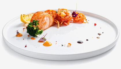 Exquisite plate of seafood artfully arranged on a white surface with copy space for text and contemporary presentation