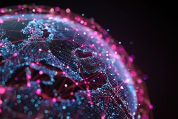 Abstract Global Network Visualization with Bright Pink and Blue Nodes on a Dark Background