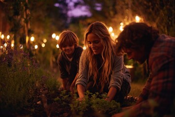 Family enjoying gardening together at dusk