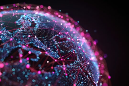 Abstract Global Network Visualization with Bright Pink and Blue Nodes on a Dark Background