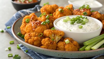 Buffalo cauliflower with ranch dip and green onion garnish dish