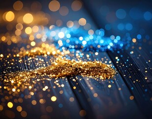 Sparkling Gold and Blue Glitter on Dark Wooden Background with Bokeh
