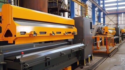 Bending machine with a heavy-duty metallic gray frame and a hydraulic press, used in a metalworking workshop or manufacturing facility to bend steel, aluminum, or iron sheets into desired shapes