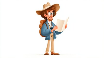 A cheerful animated man wearing a wide-brimmed hat and glasses carries a backpack,