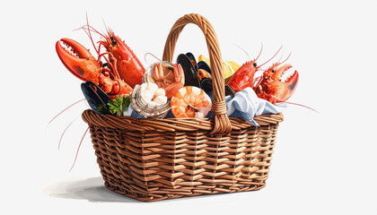 Generous basket of fresh seafood displayed beautifully with copy space for text isolated on white background