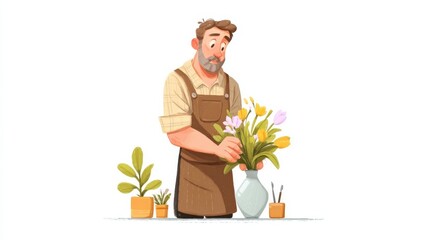 A middle-aged man in a plaid shirt and brown apron arranges colorful flowers in a white vase,