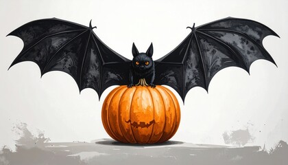 Spooky Bat Perched on Halloween Pumpkin