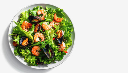 Delicious plate of salad with shrimp and mussels creating a seafood delight ideal for gourmet dining experience