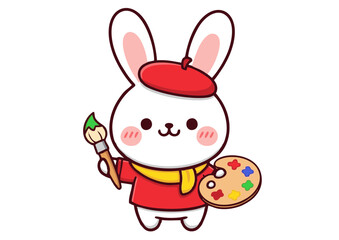 Obraz premium A Kawaii Cartoon Rabbit Artist Painting a Colorful World with Joyful Strokes in a Cheerful Art Illustration, Radiating Innocence and Creativity