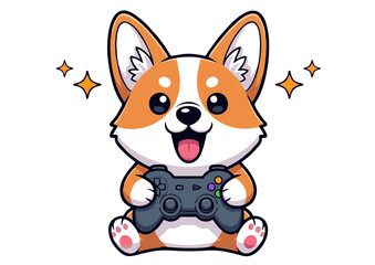 Adorable and joyful corgi puppy enthusiastically playing a video game with a controller, surrounded by sparkling stars, conveying fun and entertainment