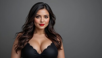 Fototapeta premium A portrait of a woman with long wavy hair and red lipstick, posed against a soft gray background