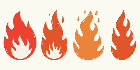 Four stylized cartoon flames in red and orange hues on a cream background