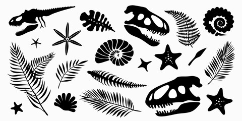 Collection of black silhouette icons representing dinosaur skeletons fossils and prehistoric plants © Bivuti