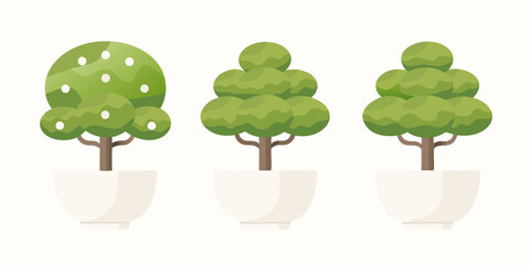 Three stylized potted green trees with different leaf shapes and white dots on a white background