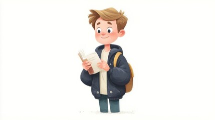 A young boy with light brown hair wears a navy blue jacket and carries a yellow backpack,