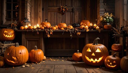 Spooky Halloween pumpkins in a rustic wooden porch setting