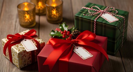 Rustic Christmas Gift Boxes with Red Ribbons