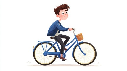 An animated character rides a blue bicycle with a basket on handlebars,