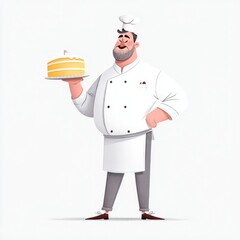 A cheerful cartoon baker in traditional white attire presents a multi-layered yellow cake with a warm smile,