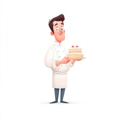 An animated male chef proudly presents a two-layer cake with pink cherries,