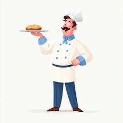 An animated male chef in a traditional white coat presents a freshly baked loaf on a tray,