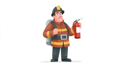 An animated firefighter in full gear holds a red fire extinguisher,