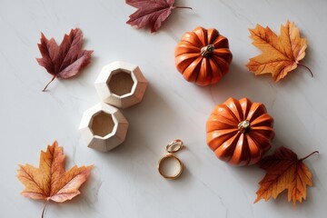 Autumn Decor with Pumpkin, Wooden Vase, and Colorful Leaves on Marble Background for Seasonal Interior Styling
