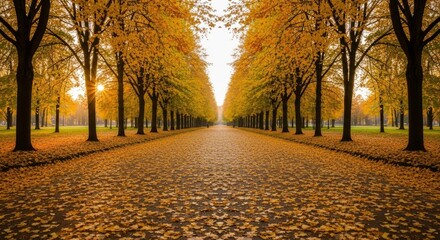 Autumn avenue with golden leaves lining the path