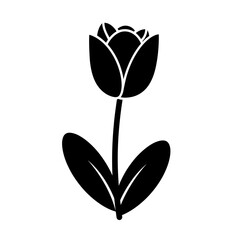 Obraz premium Vector art of a simple black silhouette of a tulip flower with two leaves, isolated on a, representing spring and nature in a minimalist style