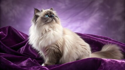 Ragdoll cat sitting on purple velvet looking up with blue eyes