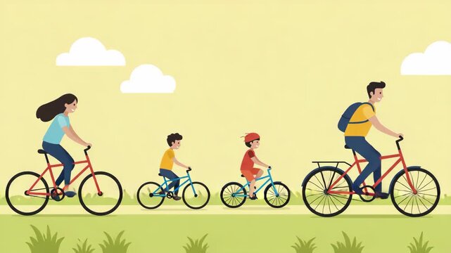 Family Cycling With Red and Blue Bicycles on Path with Yellow Background White Clouds and Green Grass in Cartoon Style