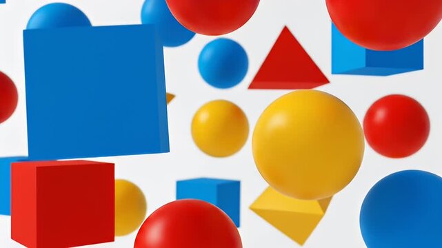 Colorful 3D Geometric Shapes Floating and Rotating: Cubes, Spheres, and Pyramids in Primary Colors