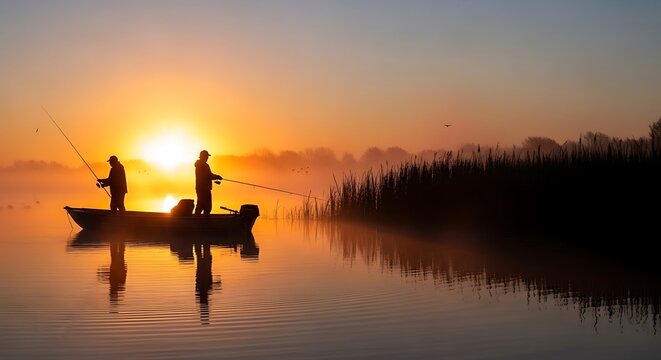 Two anglers cast their lines at sunrise, silhouetted against a serene, misty morning on a calm lake.