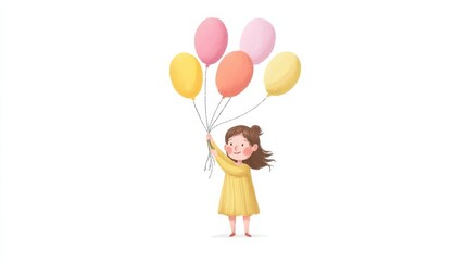 A joyful young girl with long hair wears a yellow dress, holding vibrant pink, orange, and yellow balloons,