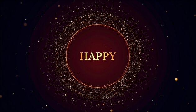 Animated gold text "HAPPY" in a red circle, surrounded by glittering particles on a dark background - Powered by Adobe
