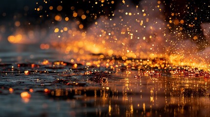 Fototapeta premium Fiery embers and sparks on black background, low-angle shot, vibrant orange red glow, dark atmosphere, motion blur 