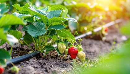 Strawberry plants in a field with irrigation system