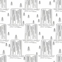 Obraz premium Minimalist Black and White Line Art of Waterfalls and Pine Trees Pattern