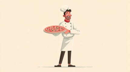 A vibrant happy cartoon chef in a white coat and red scarf proudly holds a colorful vegan pizza with fresh toppings agai