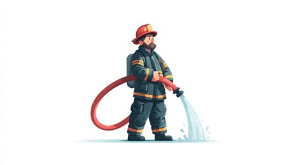 A cartoon firefighter in full gear sprays water from a hose during an emergency, helmet marked with number one,