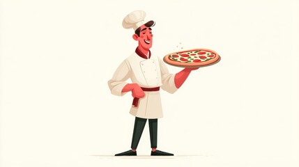 A cheerful male chef in traditional white attire presents a freshly baked pizza with pride,