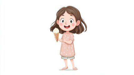 A cheerful little girl in a pink polka dot dress with green shorts holds a vanilla ice cream cone,