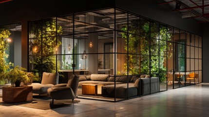 Fototapeta premium Modern interior space with glass walls and green plants